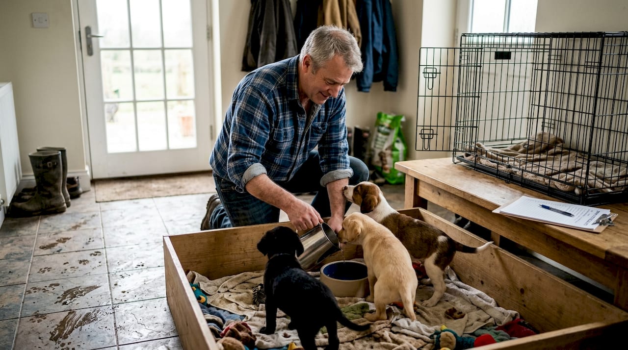 Breeder cares for healthy puppies in home mudroom