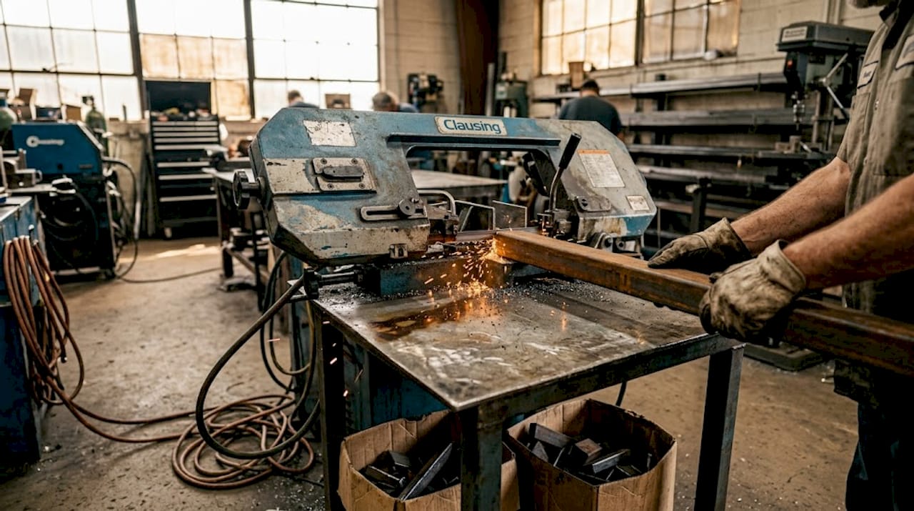 Hands using bandsaw to cut steel tube