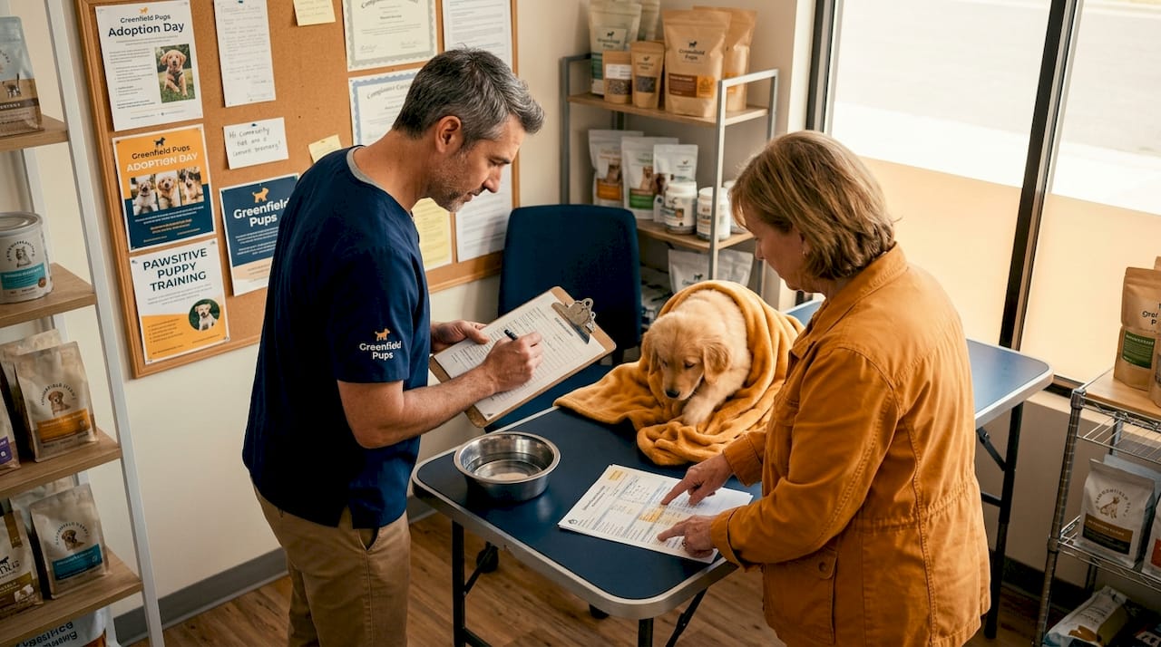 Vet checks breeder paperwork with puppy nearby