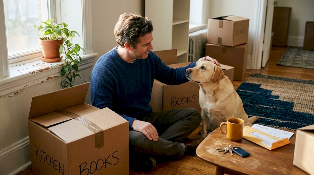 Dog owner takes break while packing boxes