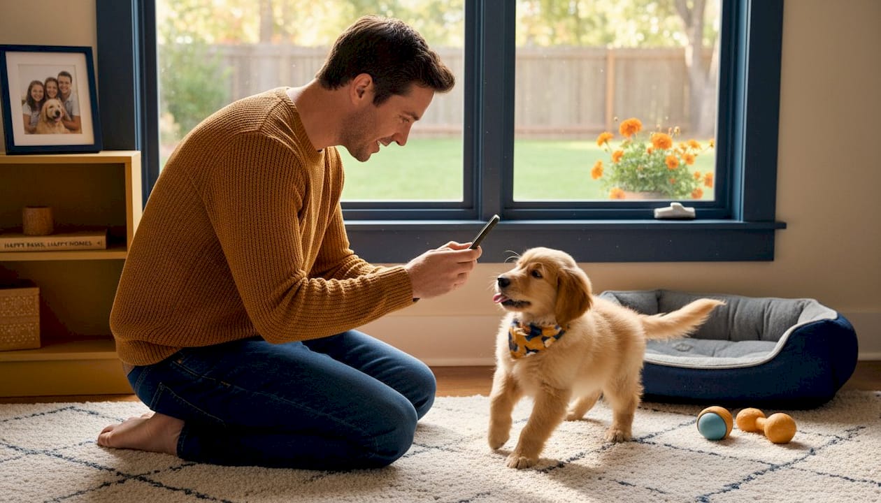 Breeder photographing playful puppy at home