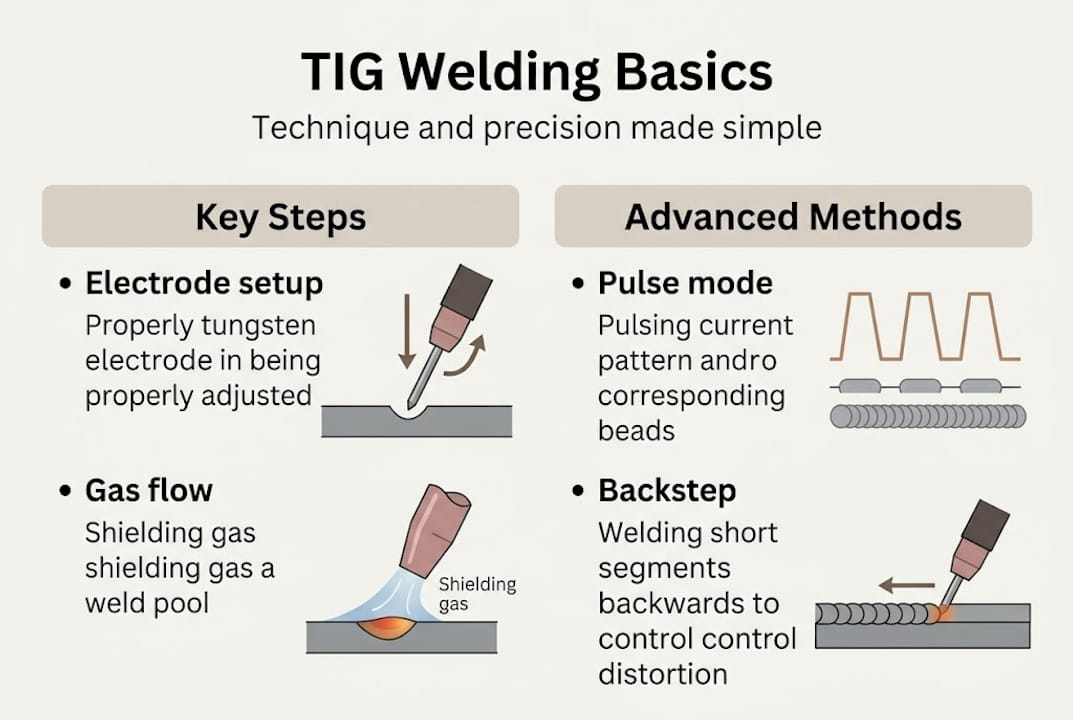 Infographic showing TIG welding steps and methods