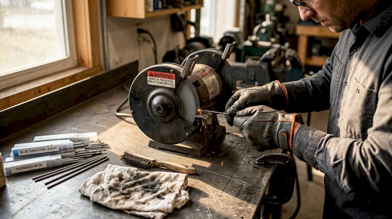 Hands grinding tungsten electrode in garage studio