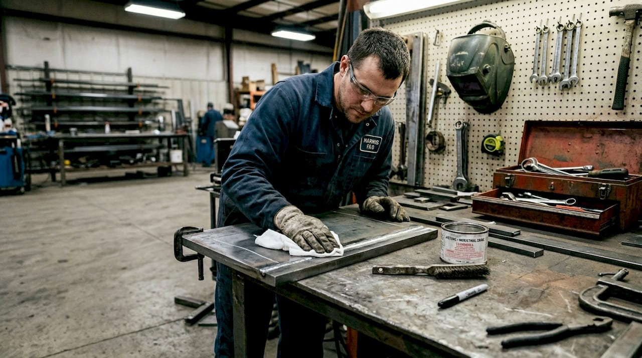 Welder cleans edge joint for welding
