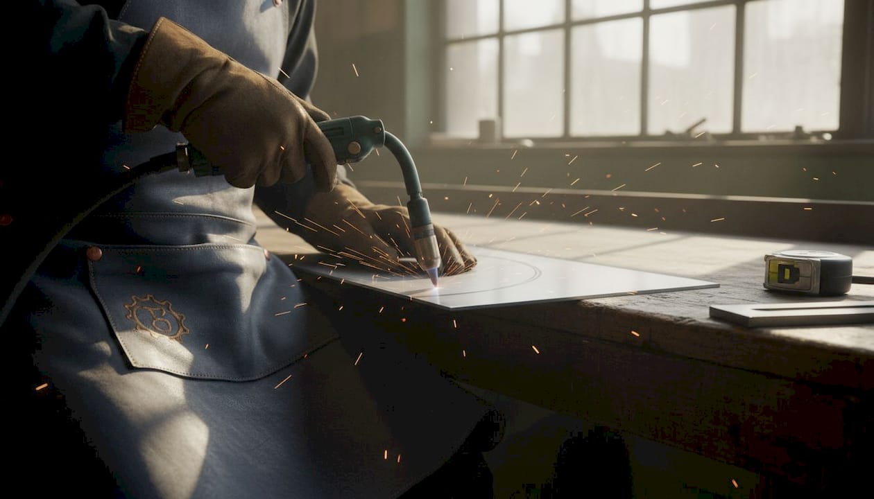 Close-up plasma torch cutting precise curve