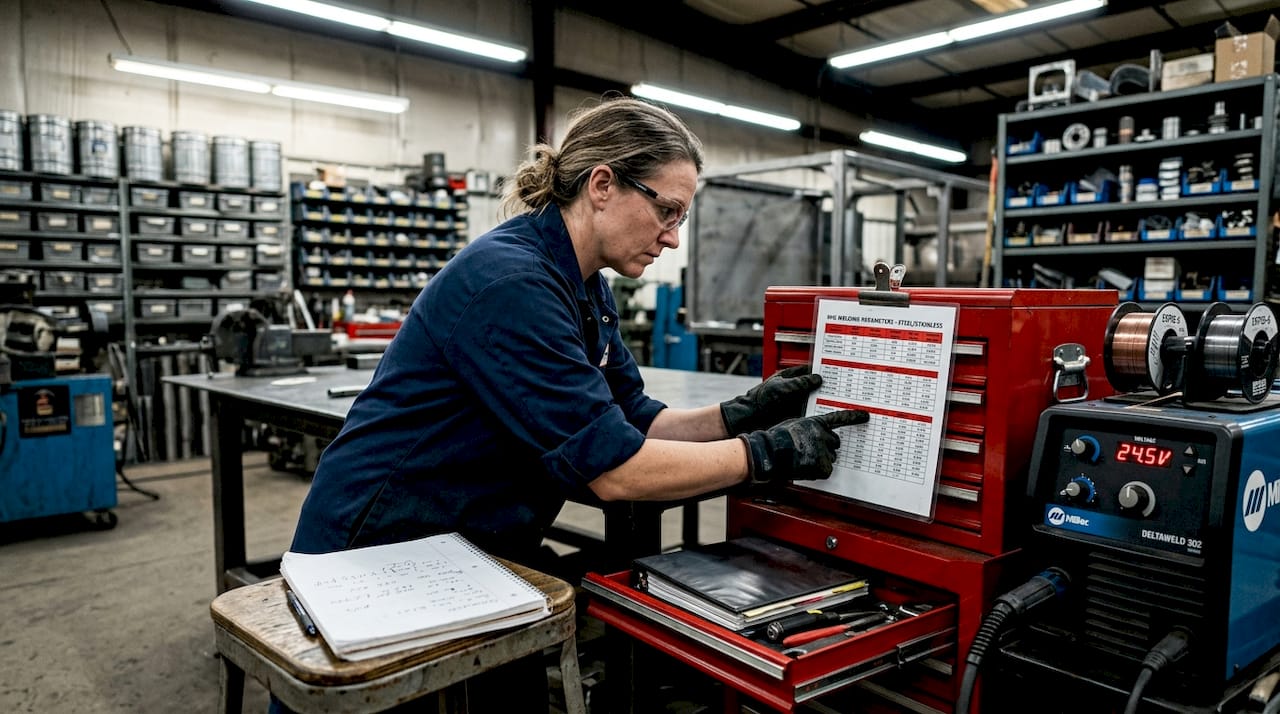 Welder reviewing MIG transfer mode chart