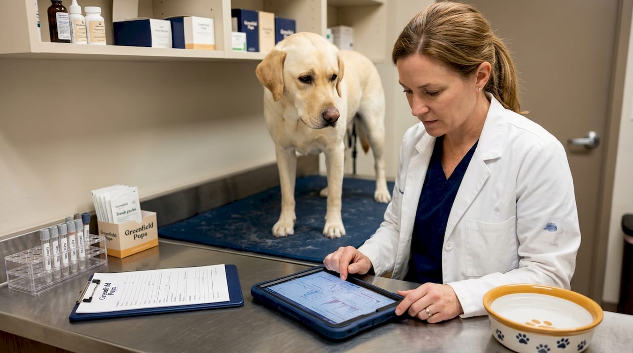 Veterinarian screens dog for health issues