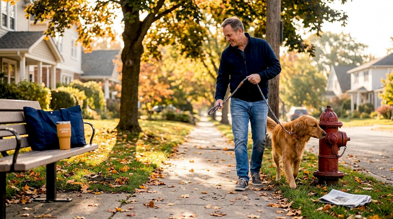 Man walking golden retriever on sidewalk