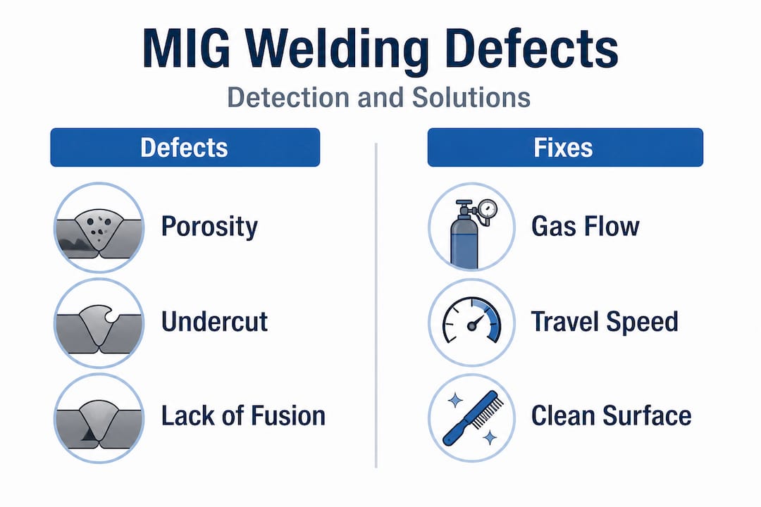 Infographic comparing MIG welding defects and fixes