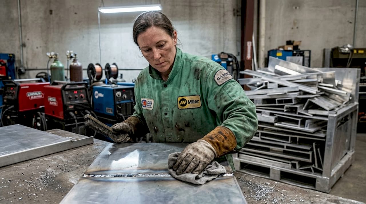 Welder cleaning MIG-welded joint in shop