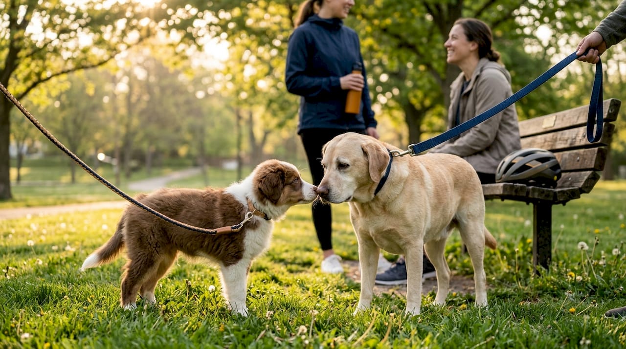 Puppy meeting older dog in quiet city park