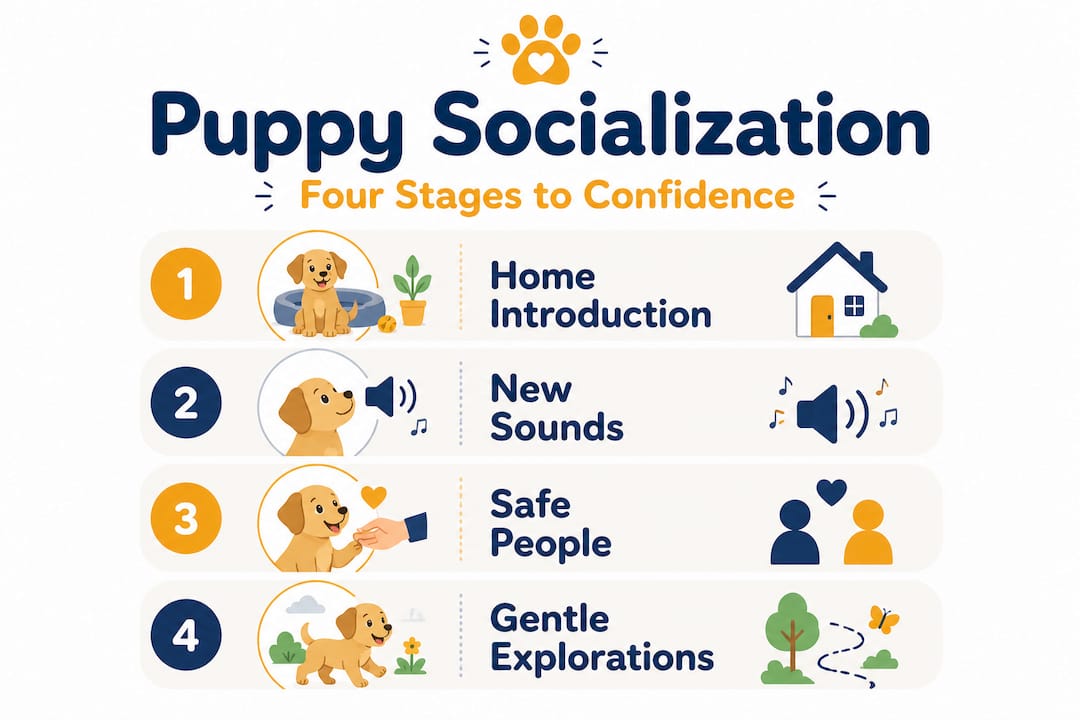 Infographic showing four stages of puppy socialization