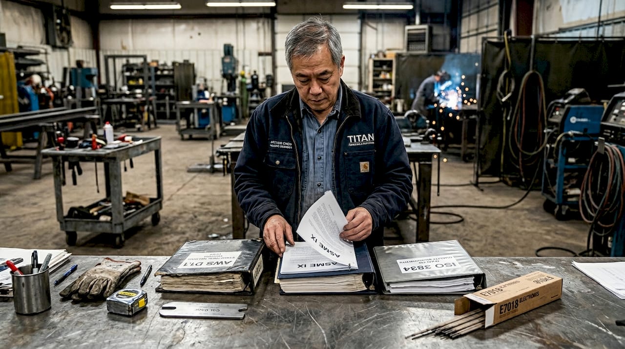 Engineer reading welding code binders