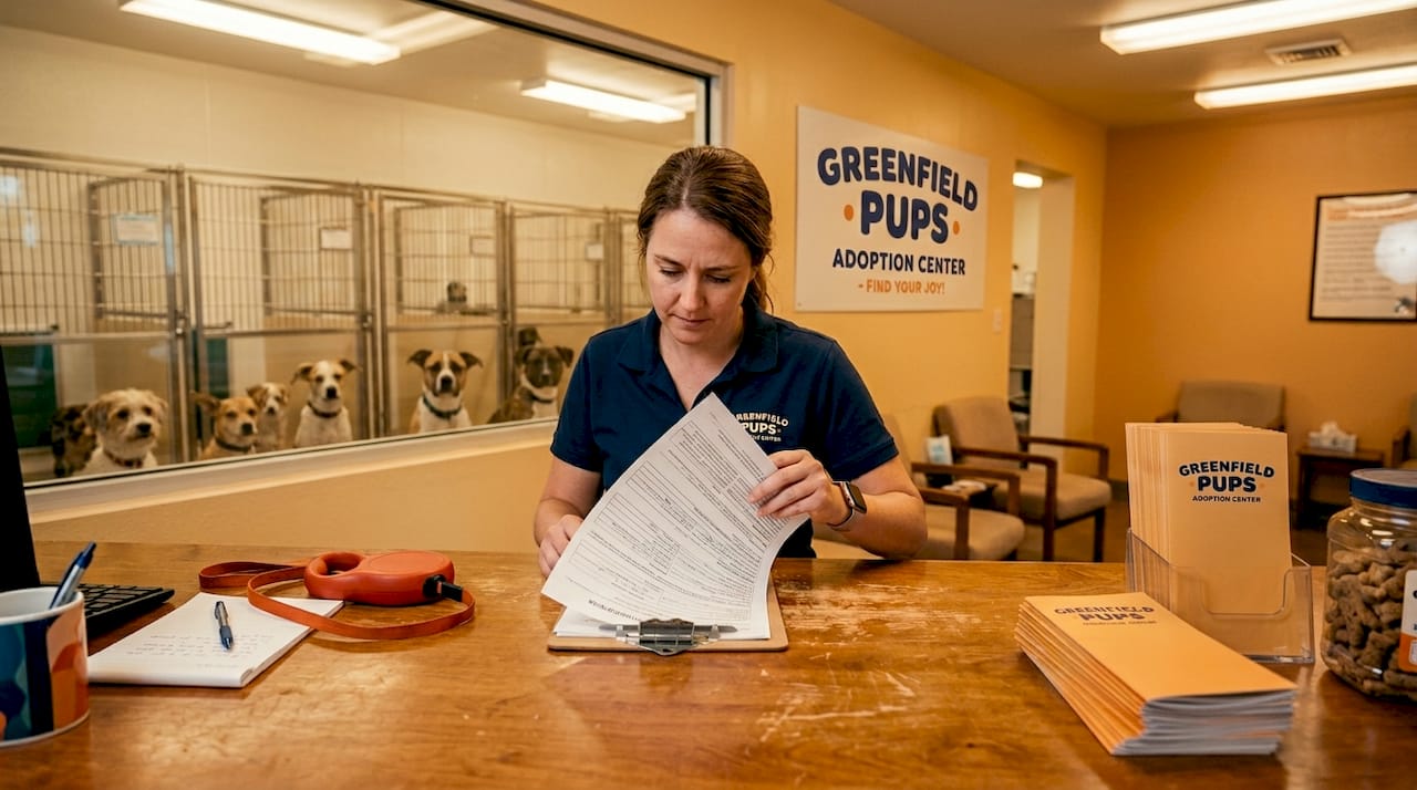 Shelter worker reviewing dog adoption paperwork