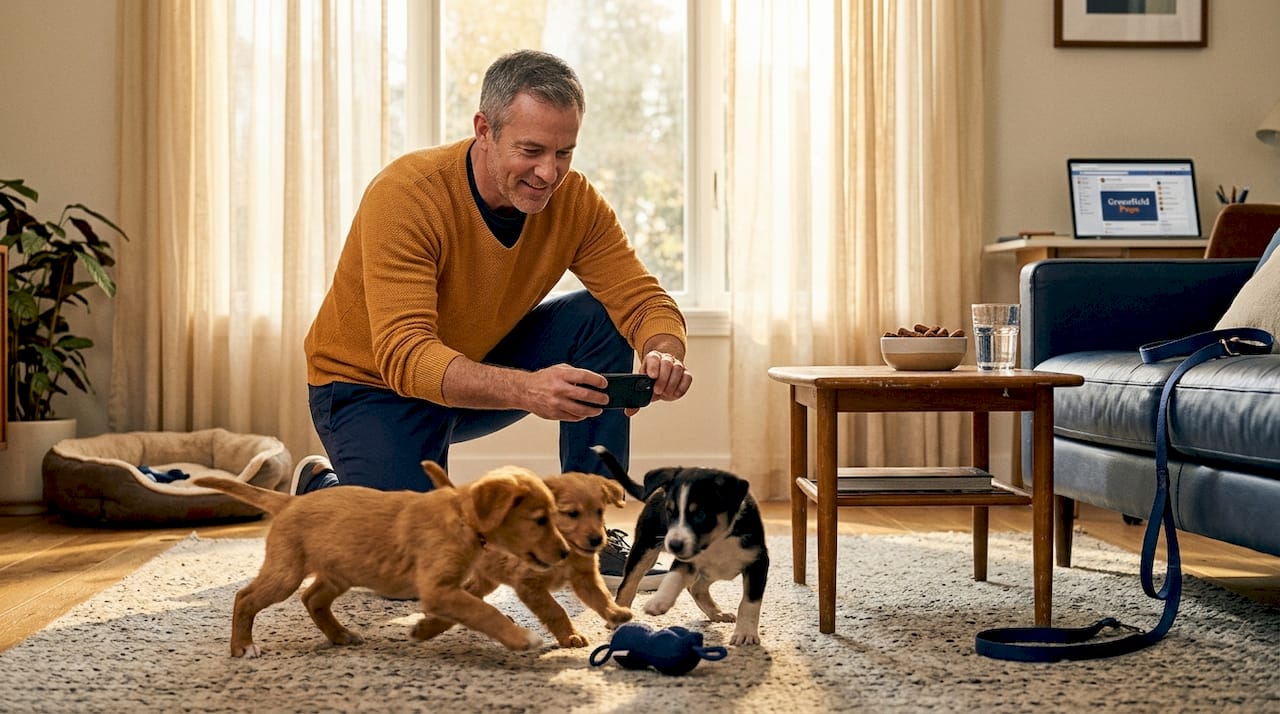 Breeder photographing playful puppies indoors