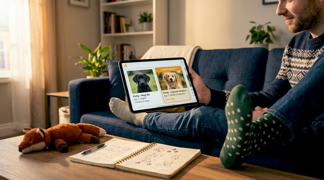Man comparing pet ad types on tablet