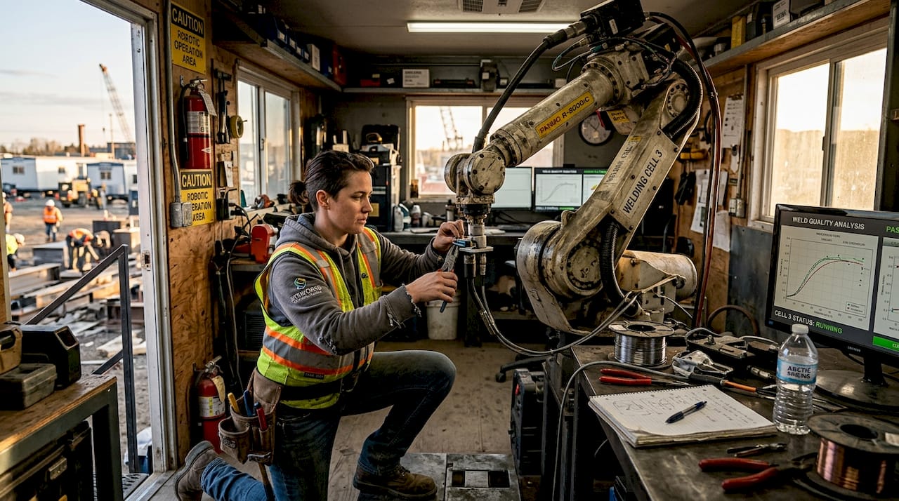 Technician calibrating welding robot onsite