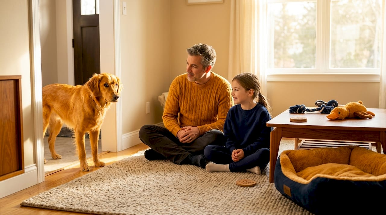 Dog cautiously approaches seated family members