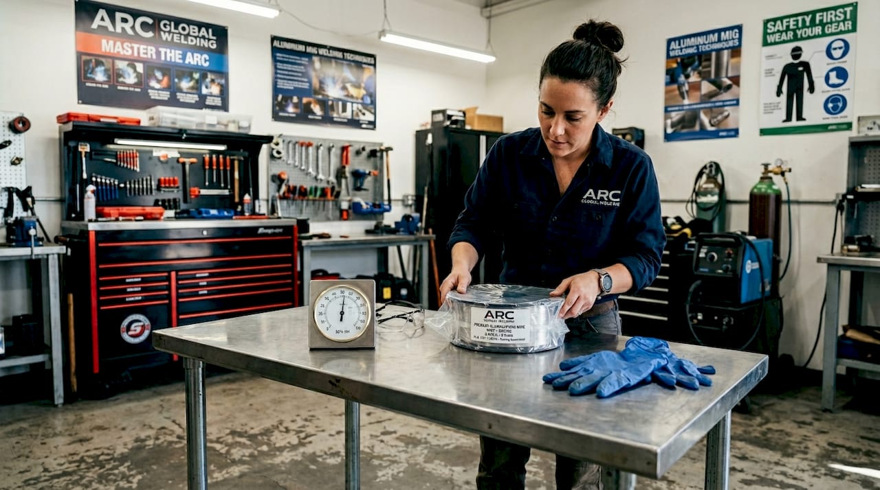 Technician acclimating aluminum MIG wire container