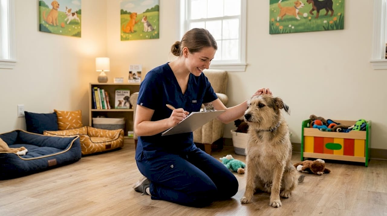 Shelter volunteer interacting with a rescue dog