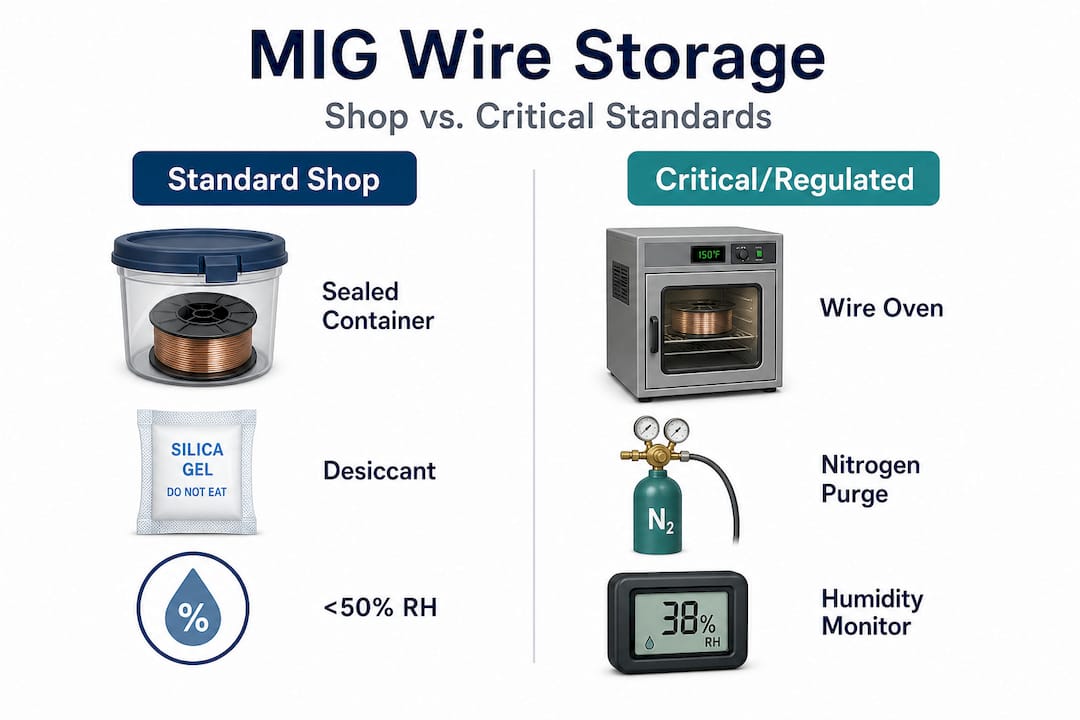 Split infographic comparing standard and critical MIG wire storage