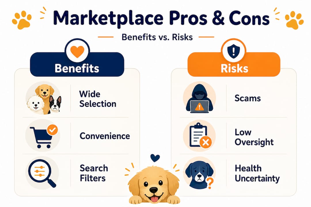 Infographic comparing benefits and risks of dog marketplaces