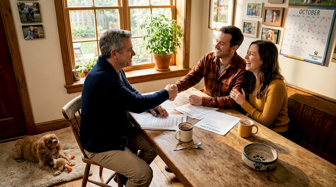 Breeder meets adopting family in home kitchen