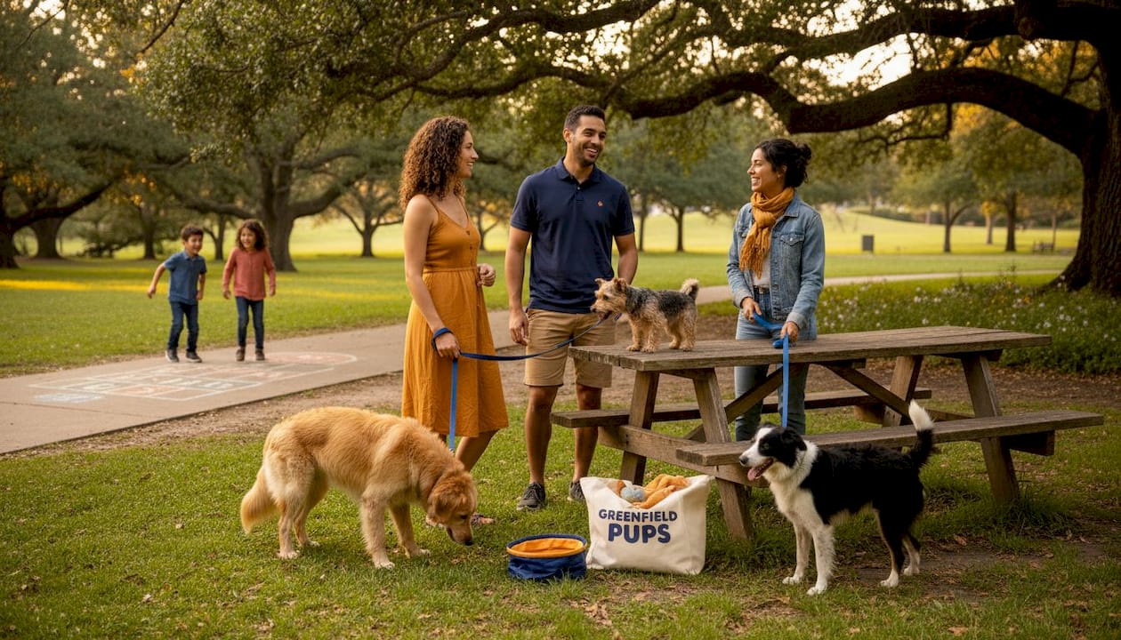 Dog owners socializing with dogs in park