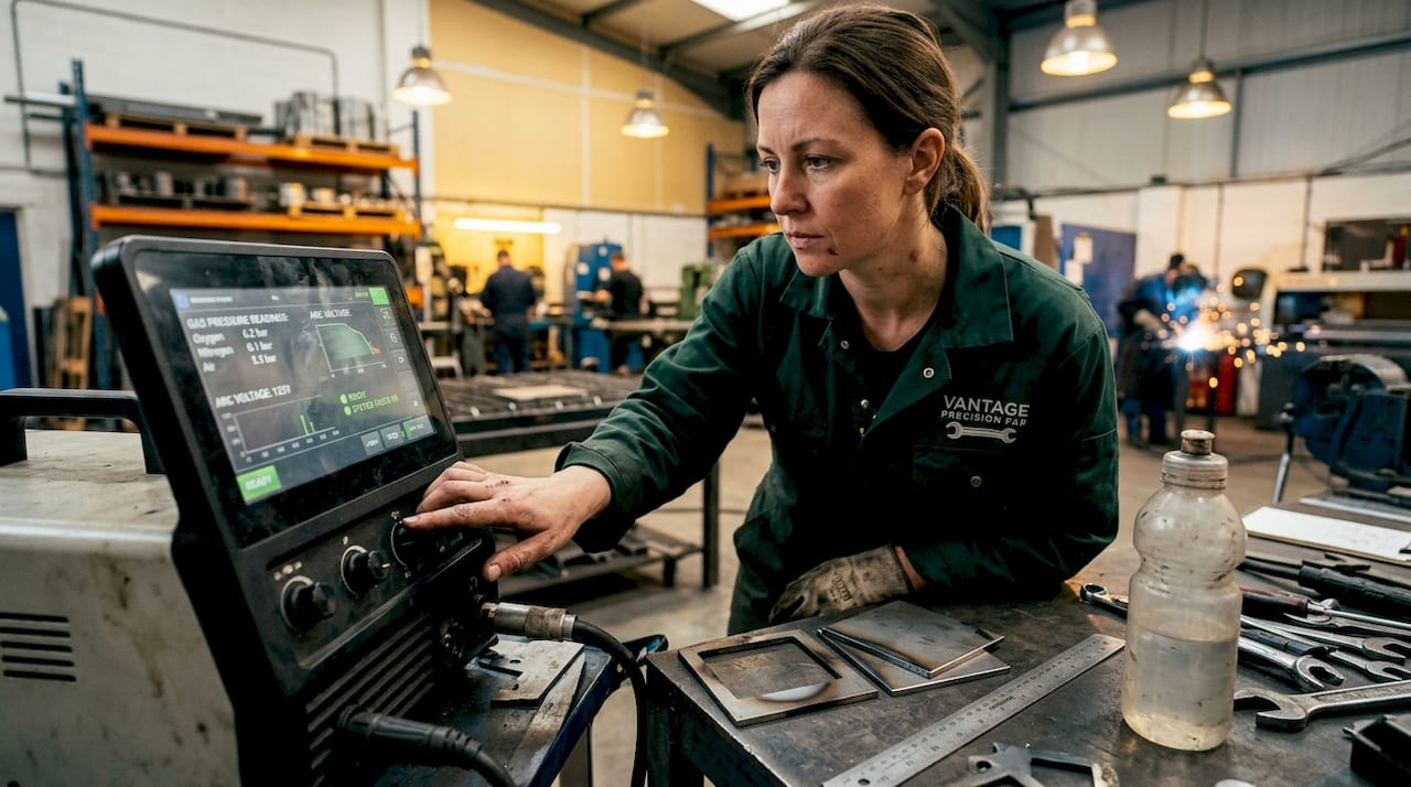 Technician adjusting plasma cutting machine settings
