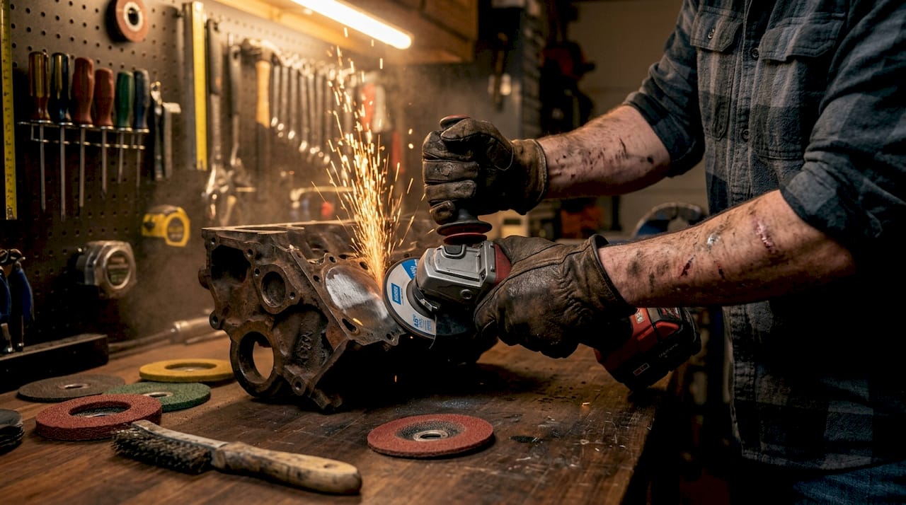 Grinding wheel removing rust from steel plate