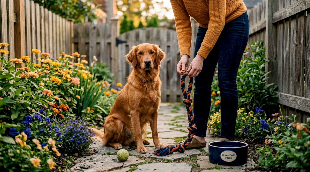 Dog in backyard for pet ad photo