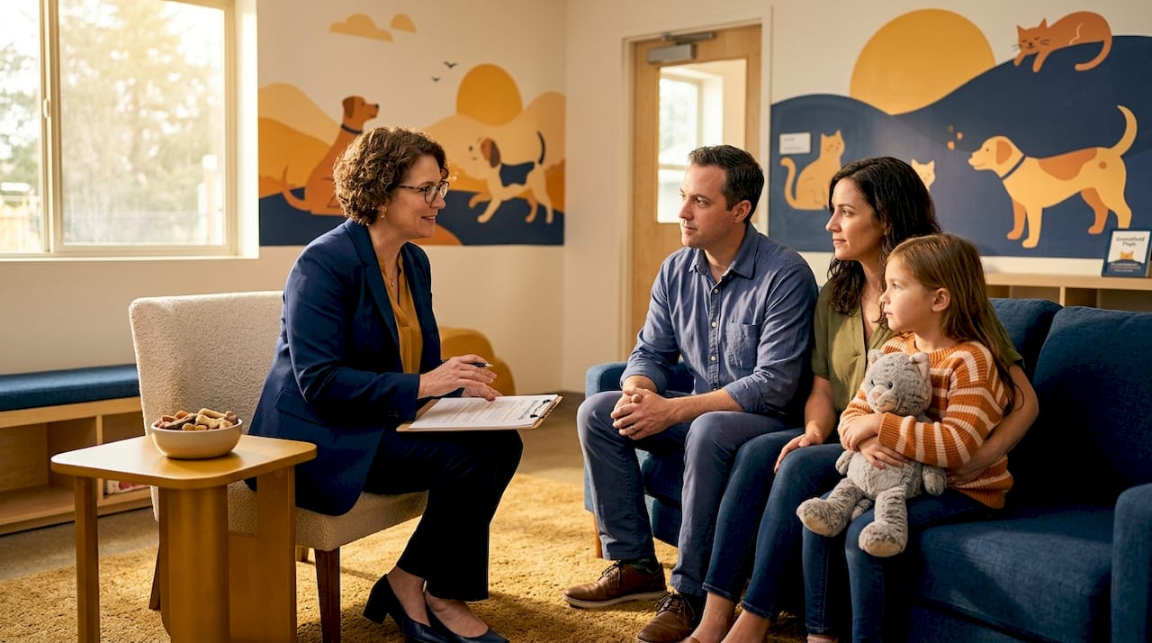 Adoption counselor advises family in shelter room