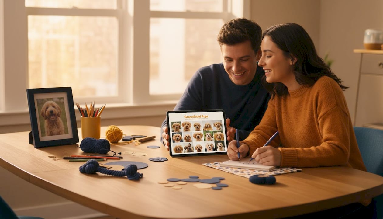 Couple reviewing puppy listing photos