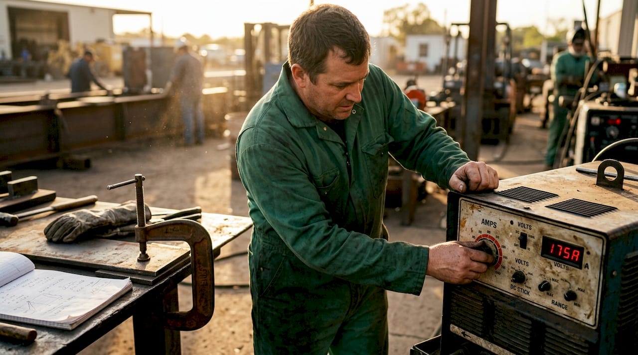 Welder adjusting machine amperage dial