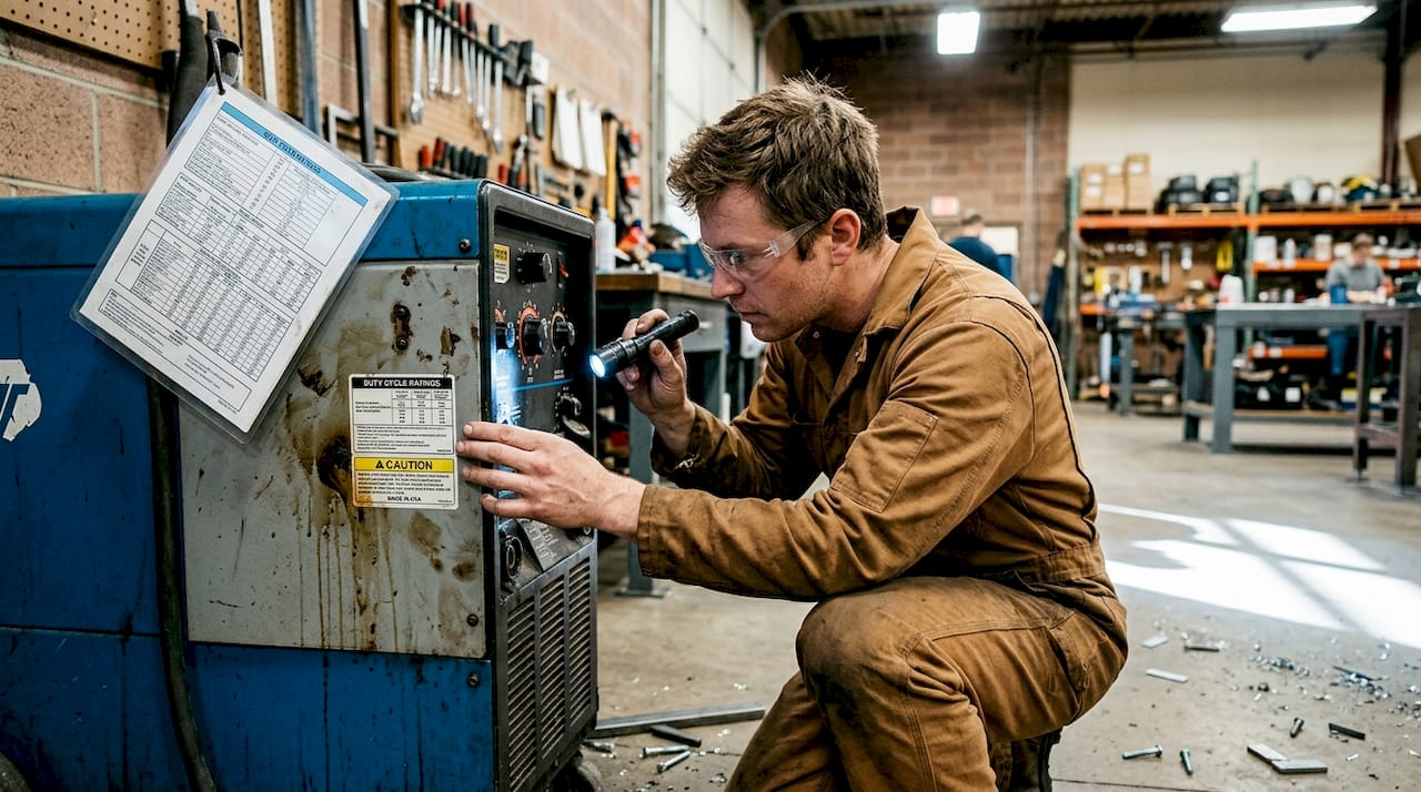 Technician checking welding machine duty cycle