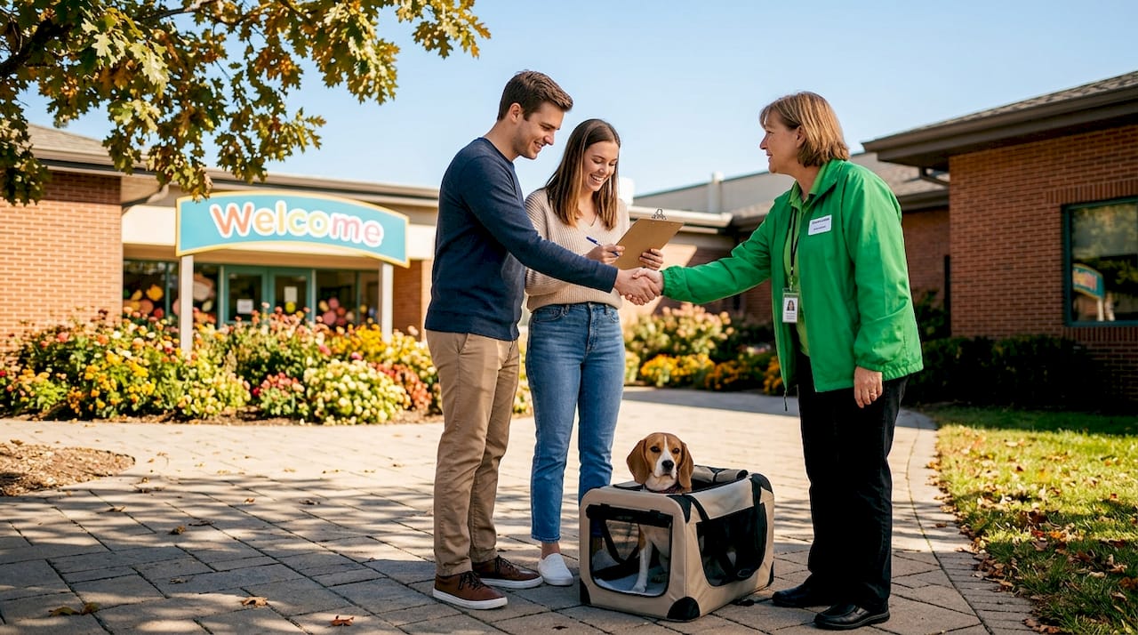 New adopters greet rescue volunteer with beagle