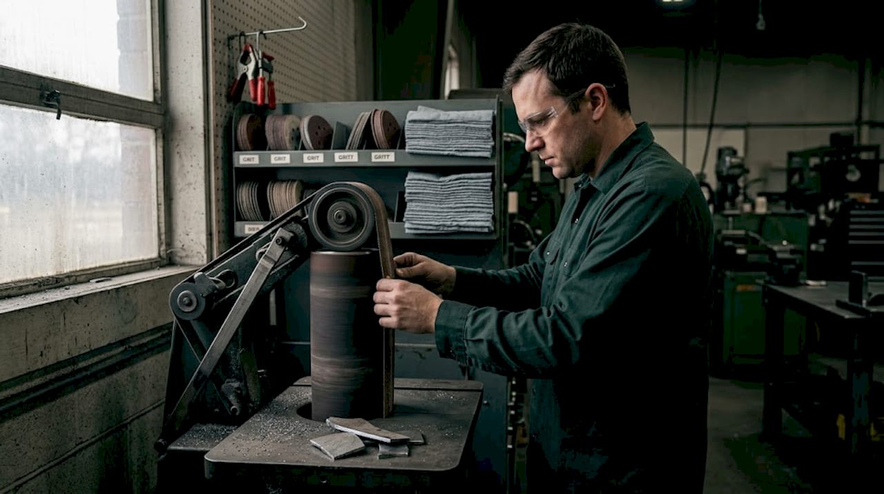 Technician fits sanding belt in metal shop