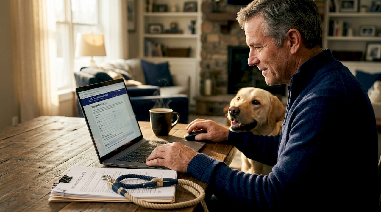 Breeder reviewing health records with Labrador