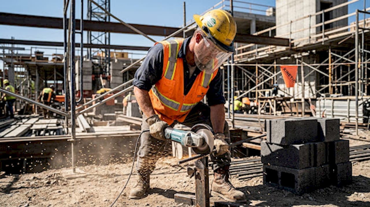 Construction worker cutting rebar wearing eye protection