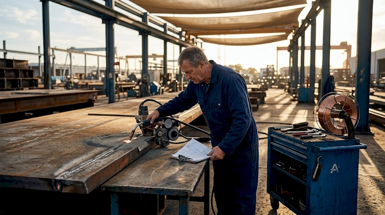 Operator adjusts submerged arc welding setup