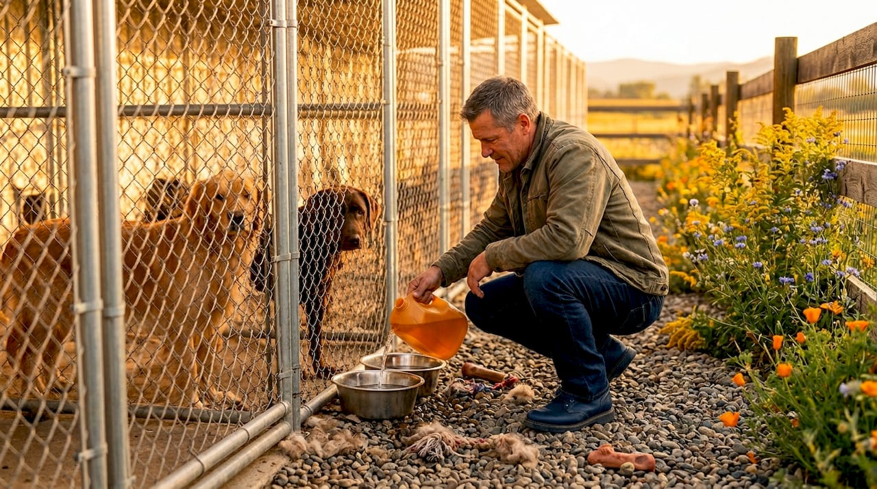 Man refills water bowls in rural dog kennels