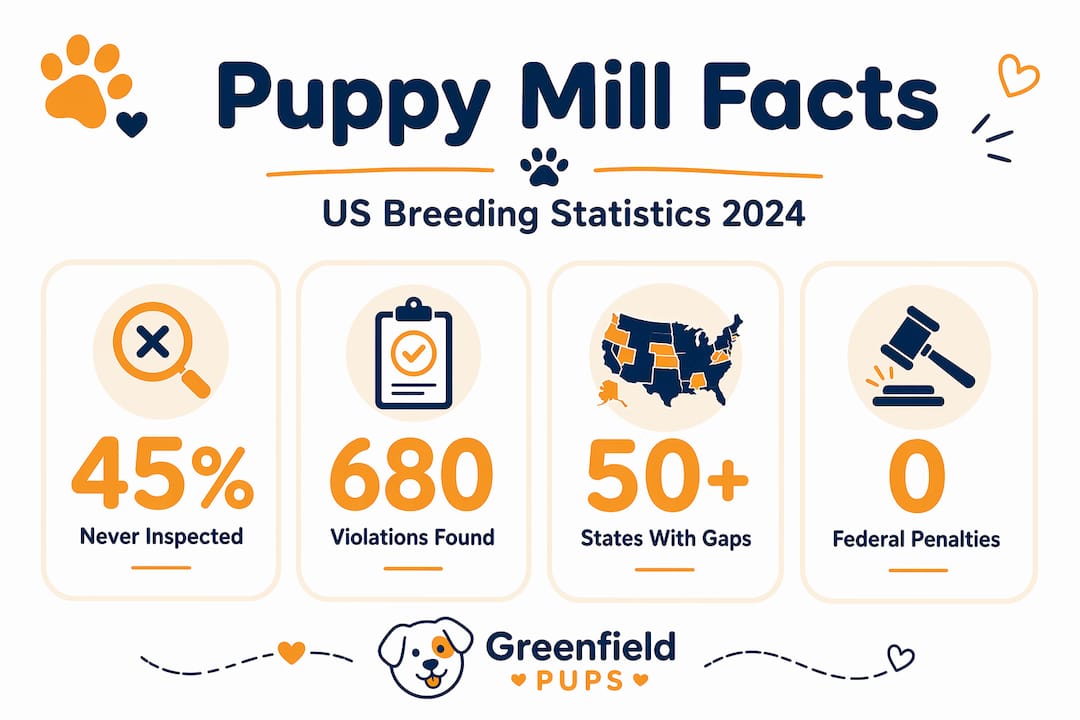 Infographic with puppy mill inspection and violation statistics