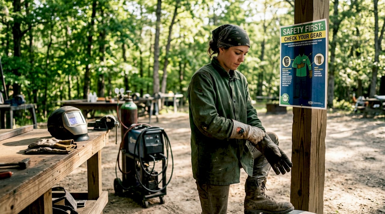 Welder checks PPE and safety checklist