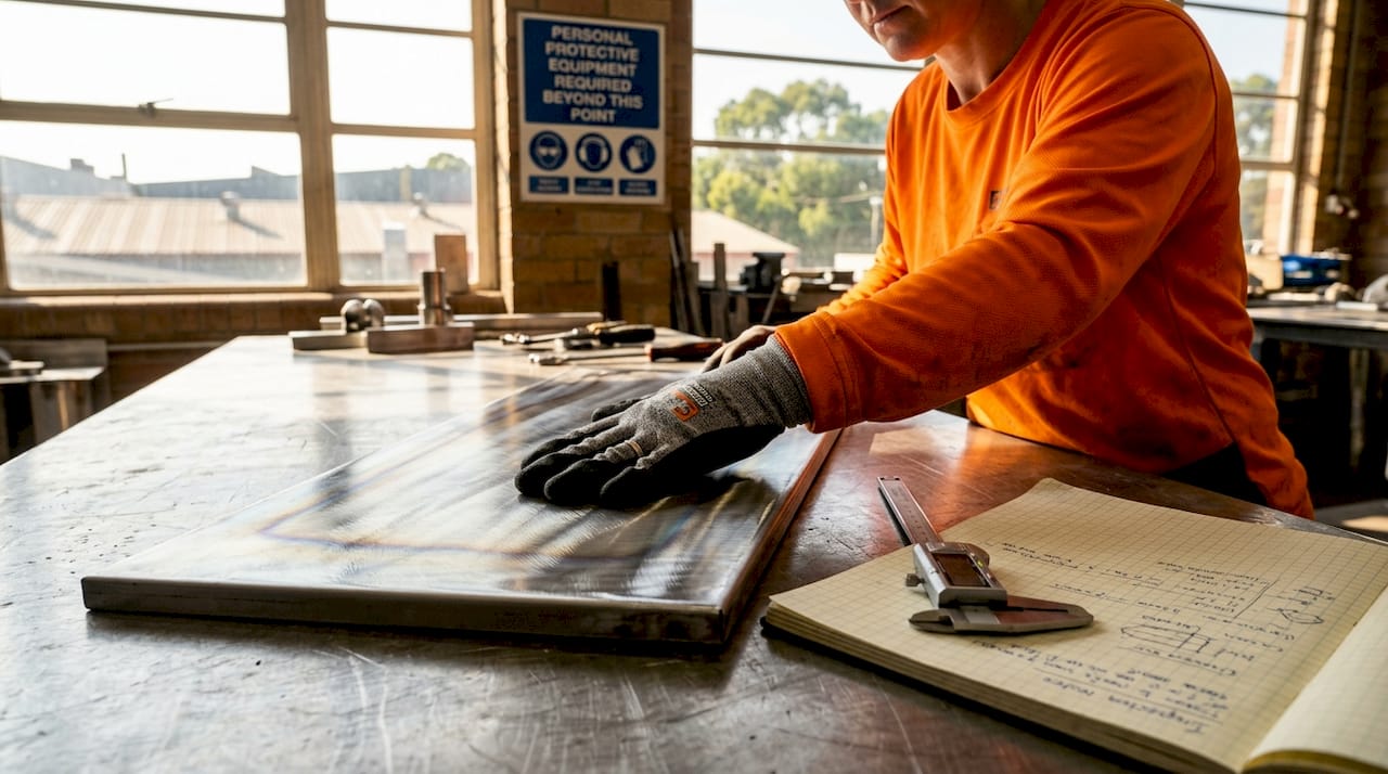 Worker checking metal surface after grinding