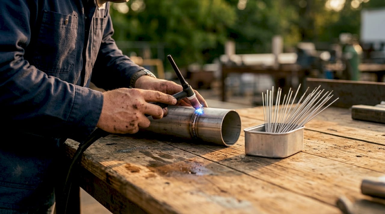 Technician TIG welding stainless steel pipe