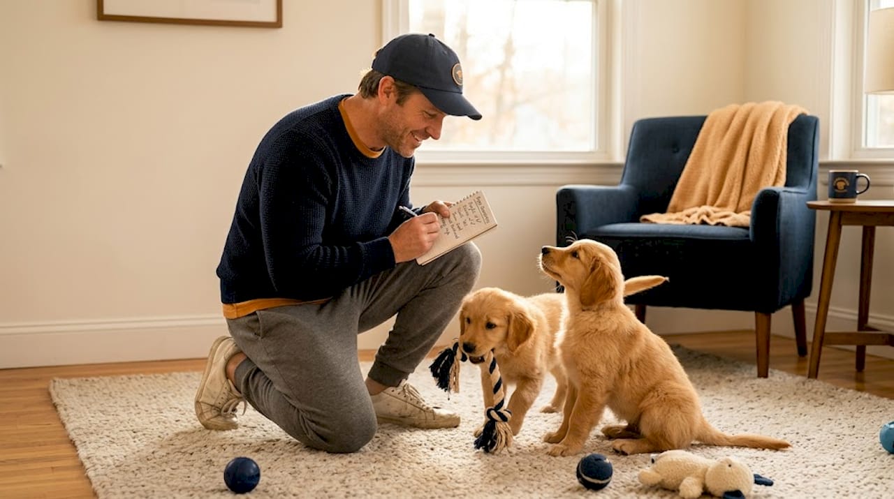 Man observes puppies, notes choices on backyard