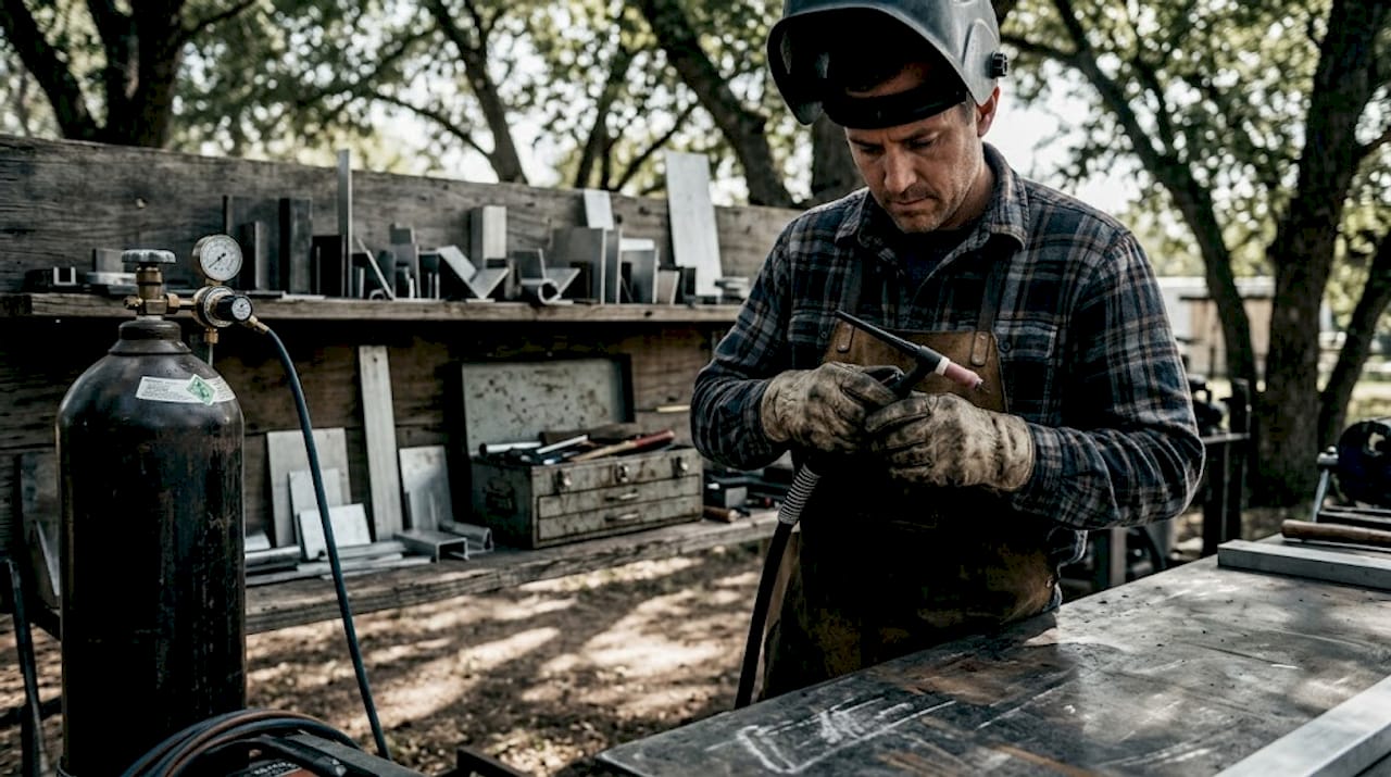 Welder preparing TIG torch with argon gas