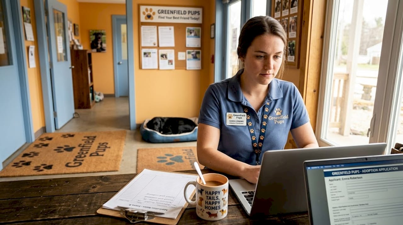 Shelter worker reviewing adoption paperwork at desk