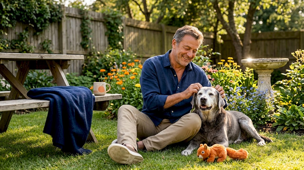 Owner bonding with senior dog outdoors