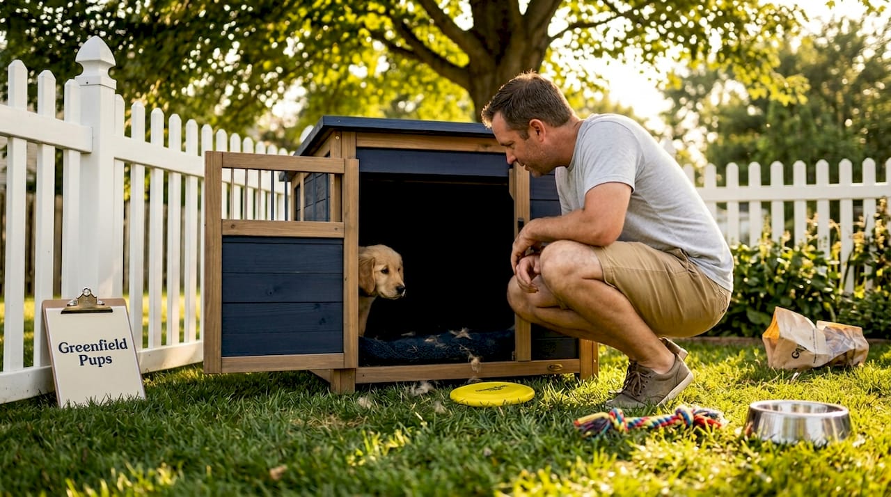 Man inspecting kennel cleanliness outdoors